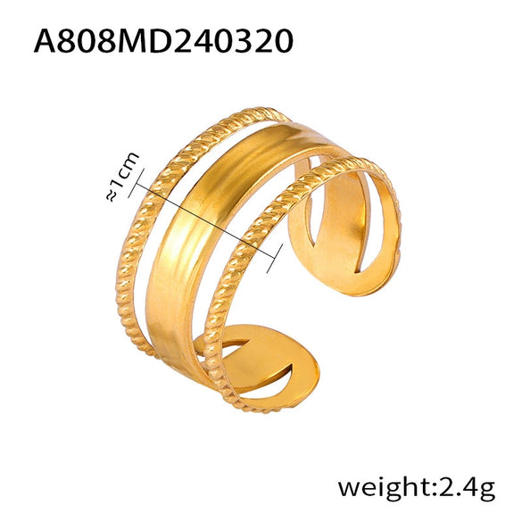 Retro Geometric Hollow Stitching 316L Stainless Steel Gold Plated Finger Ring
