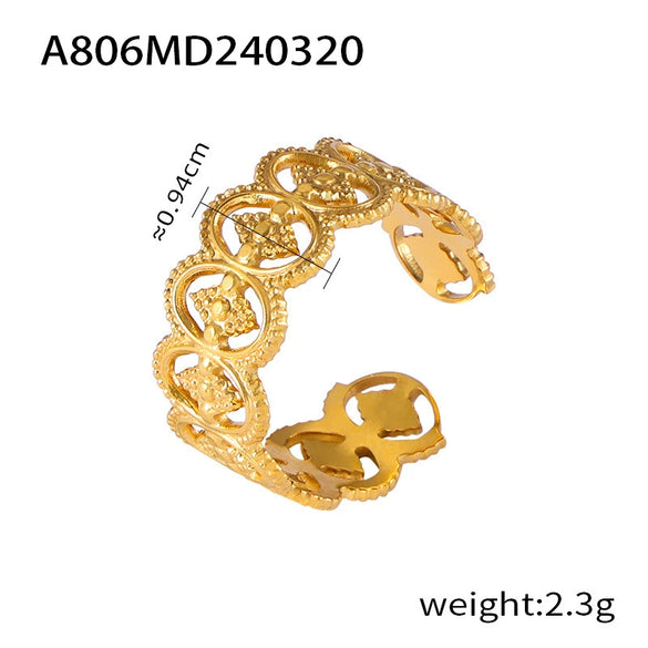 Retro Geometric Hollow Stitching 316L Stainless Steel Gold Plated Finger Ring