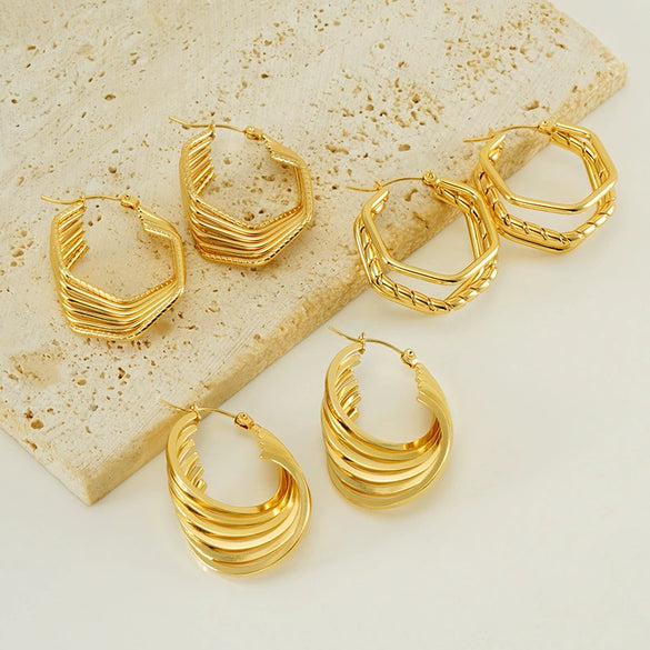 Retro Geometric Irregular 316L Stainless Steel And Titanium Steel Earrings With Electroplating And 18K Gold Plated Rhombus Pattern