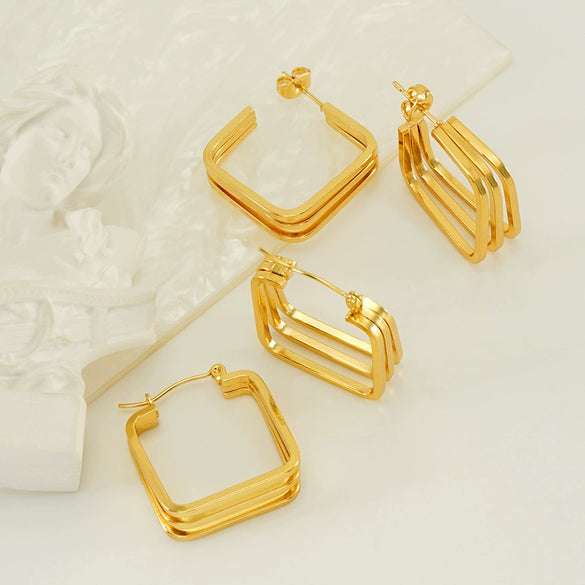 Retro Geometric Irregular 316L Stainless Steel And Titanium Steel Earrings With Electroplating And 18K Gold Plated Rhombus Pattern