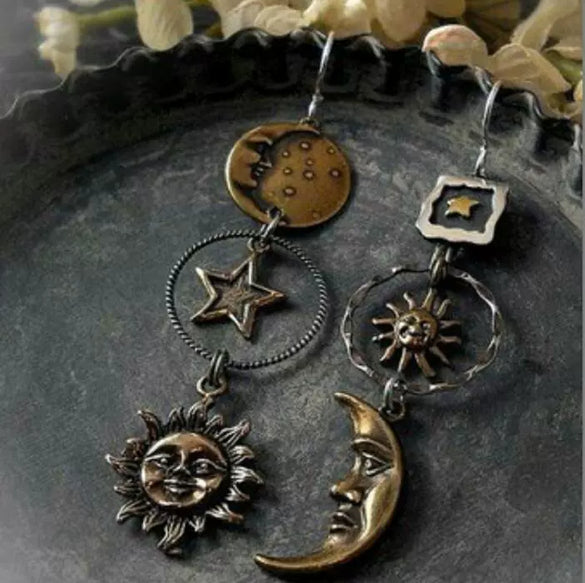 Retro Geometric Metal Fivepointed Star Sun Moon Long Pendant Earrings With Electroplating