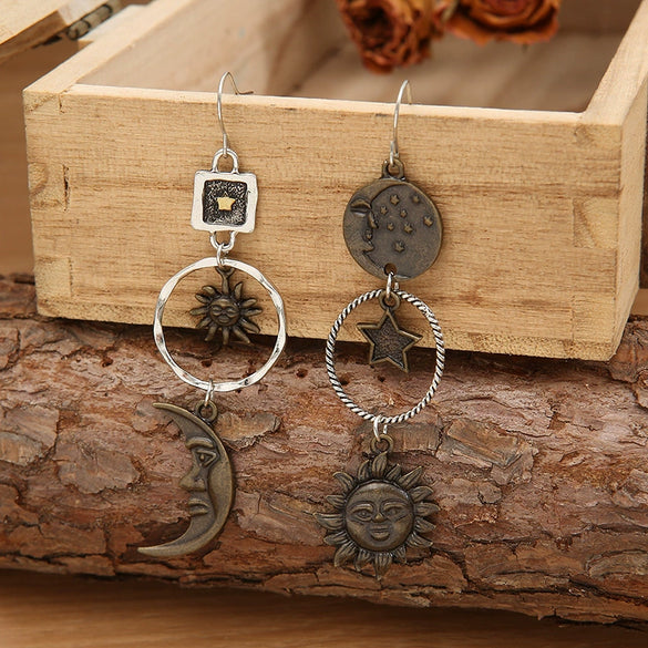 Retro Geometric Metal Fivepointed Star Sun Moon Long Pendant Earrings With Electroplating