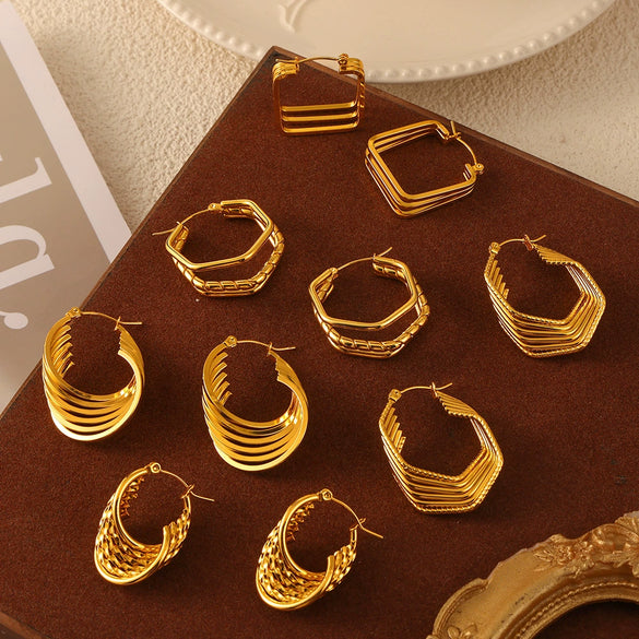 Retro Geometric Multilayer Stacked Style Stitching 316L Stainless Steel Goldplated Earrings