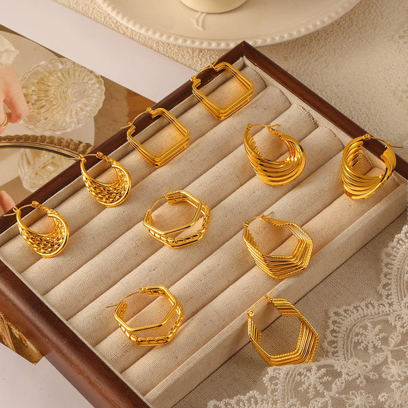 Retro Geometric Multilayer Stacked Style Stitching 316L Stainless Steel Goldplated Earrings