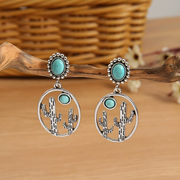 Retro Geometric Oval Hollow Turquoise Drop Shaped Metal Earrings For Women Electroplated