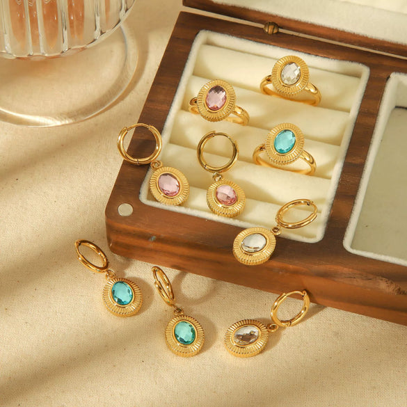 Retro Geometric Oval Zircon Titanium Steel 18K Electroplated Fashion Stud Earrings Ring Suit