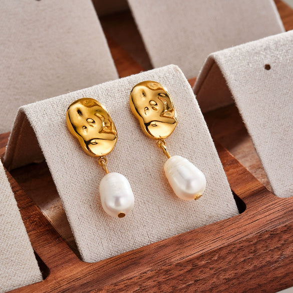 Retro Geometric Pearl Encrusted Stainless Steel Earrings For Women With In Furnace Vacuum Plated 18K Gold Finish Simple Fashion Jewelry