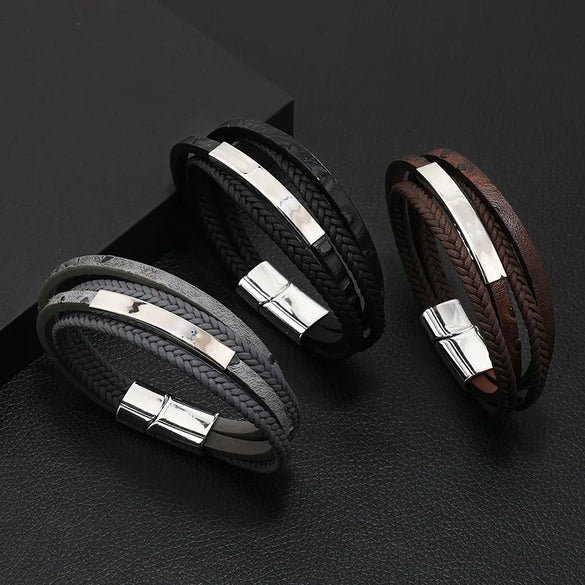 Retro Geometric Pu Leather Alloy Men'S Bracelets Men Cord & Leather Bracelets