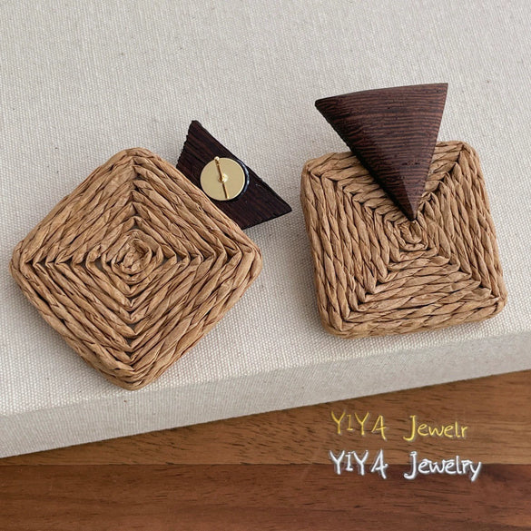 Retro Geometric Rattan Woven Drop Earrings Hand Knitted Chic Elegant Simple Earrings