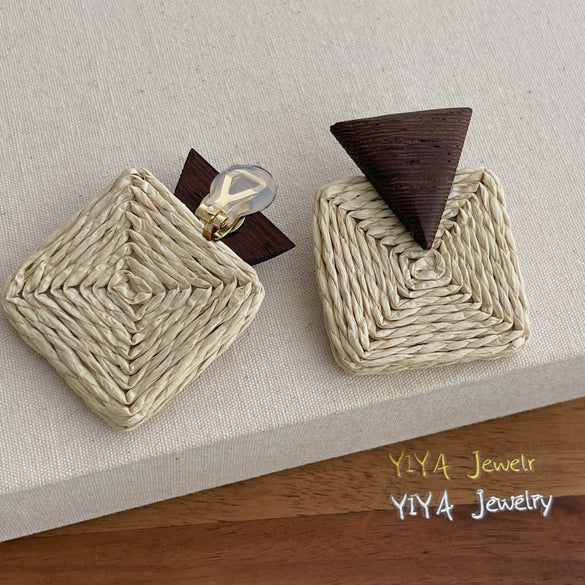 Retro Geometric Rattan Woven Drop Earrings Hand Knitted Chic Elegant Simple Earrings