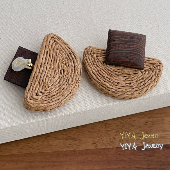 Retro Geometric Rattan Woven Drop Earrings Hand Knitted Chic Elegant Simple Earrings