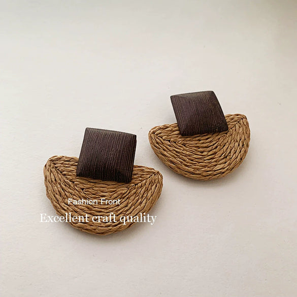 Retro Geometric Rattan Woven Drop Earrings Hand Knitted Chic Elegant Simple Earrings
