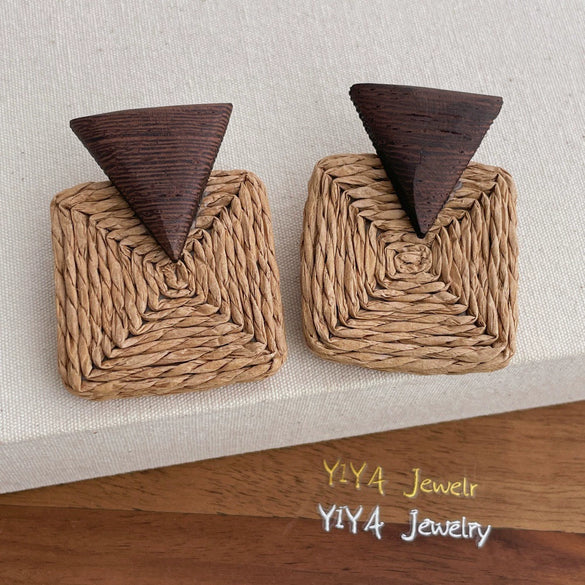 Retro Geometric Rattan Woven Drop Earrings Hand Knitted Chic Elegant Simple Earrings