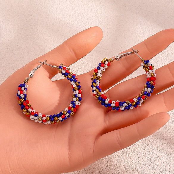 Retro Geometric Resin Beaded Hoop Earrings In Red Blue And White Unisex Statement Jewelry