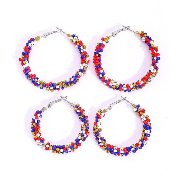 Retro Geometric Resin Beaded Hoop Earrings In Red Blue And White Unisex Statement Jewelry
