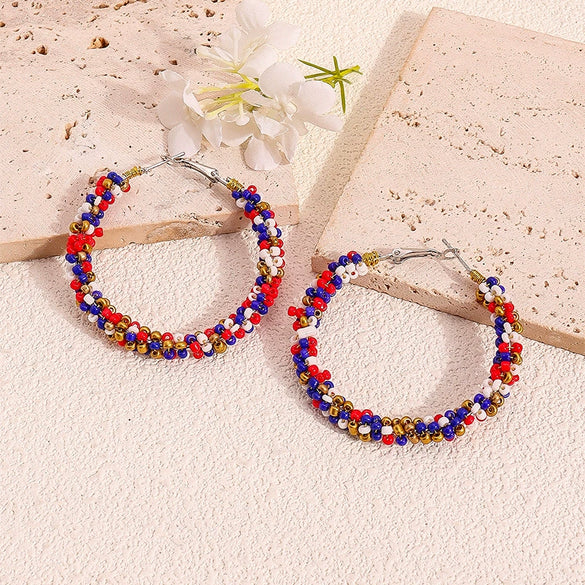 Retro Geometric Resin Beaded Hoop Earrings In Red Blue And White Unisex Statement Jewelry
