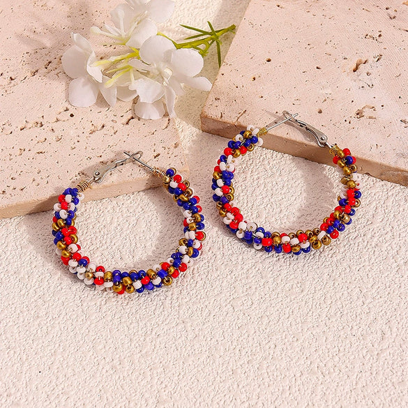 Retro Geometric Resin Beaded Hoop Earrings In Red Blue And White Unisex Statement Jewelry
