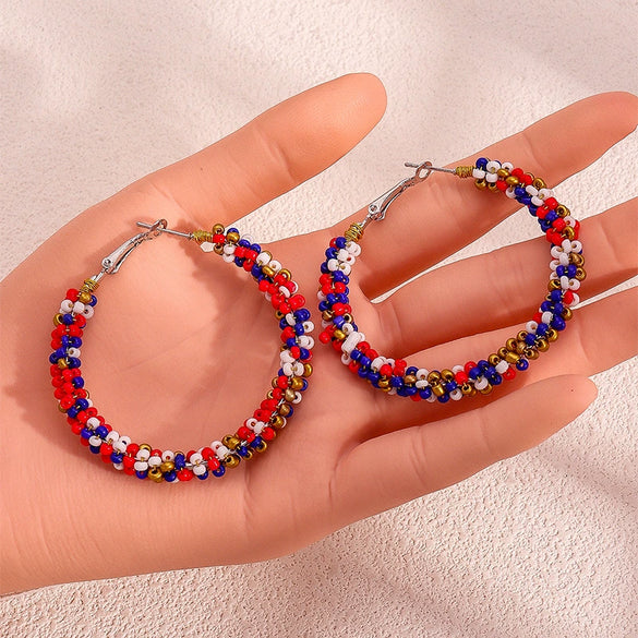 Retro Geometric Resin Beaded Hoop Earrings In Red Blue And White Unisex Statement Jewelry