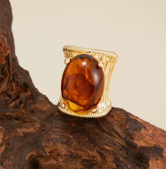 Retro Geometric Resin Gemstone Statement Ring For Women Polished Zinc Alloy Star Pattern Index Finger Jewelry