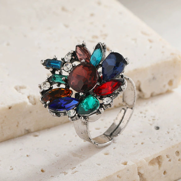 Retro Geometric Rhinestone Adjustable Index Finger Ring For Women Elegant Exaggerated Fashion Statement Ring