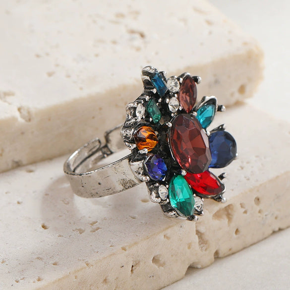 Retro Geometric Rhinestone Adjustable Index Finger Ring For Women Elegant Exaggerated Fashion Statement Ring