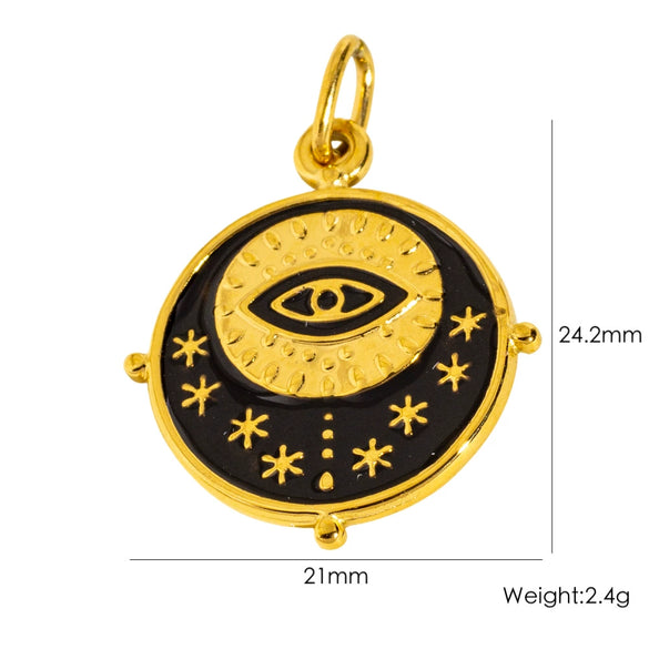 Retro Geometric Round Stainless Steel Pendant With Eyes Stars Sun And Dripping Oil Design