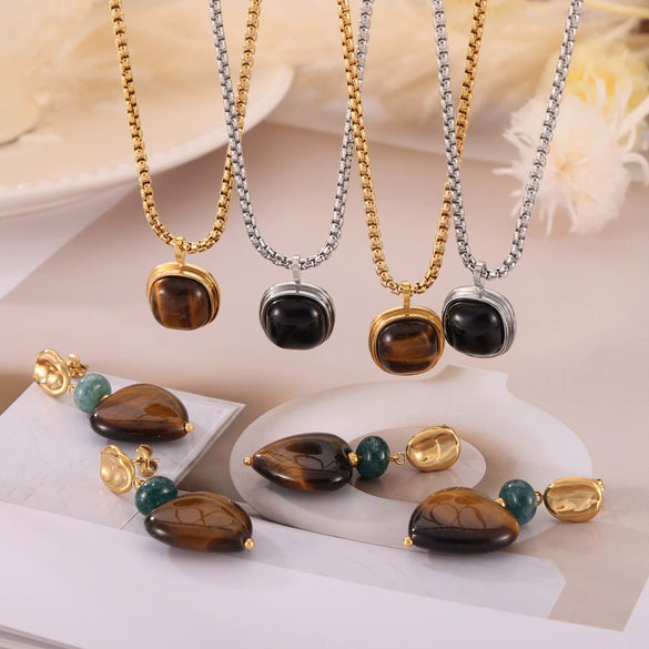 Retro Geometric Round Tiger's Eye Titanium Steel Earrings With Electroplating Treatment For Women
