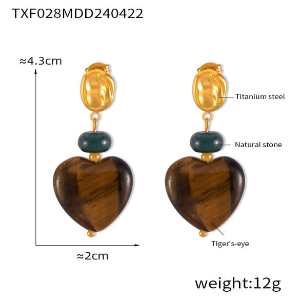 Retro Geometric Round Tiger's Eye Titanium Steel Earrings With Electroplating Treatment For Women