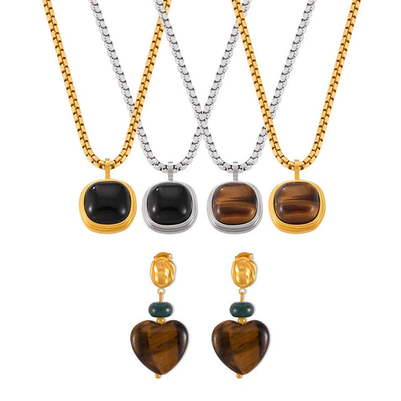 Retro Geometric Round Tiger's Eye Titanium Steel Earrings With Electroplating Treatment For Women