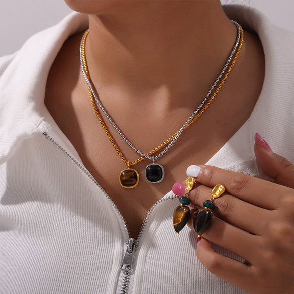 Retro Geometric Round Titanium Steel And Tiger's Eye Earrings With Electroplating For Women