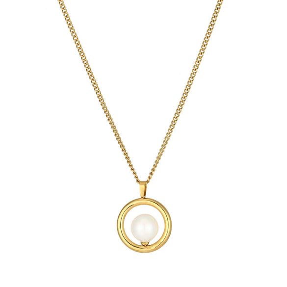 Retro Geometric Shell Pearl Necklace With Ring Pendant Titanium Steel Chain And 18K Gold Plated Finish