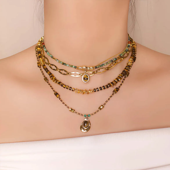 Retro Geometric Stainless Steel Natural Stone Copper Tiger Eye Necklace In Bulk