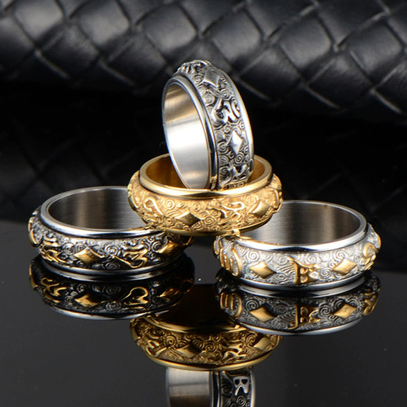 Retro Geometric Stainless Steel Rotating Mantra Ring For Men And Women With Oiled Finish Jewelry