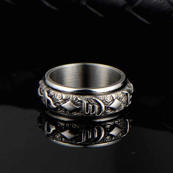 Retro Geometric Stainless Steel Rotating Mantra Ring For Men And Women With Oiled Finish Jewelry