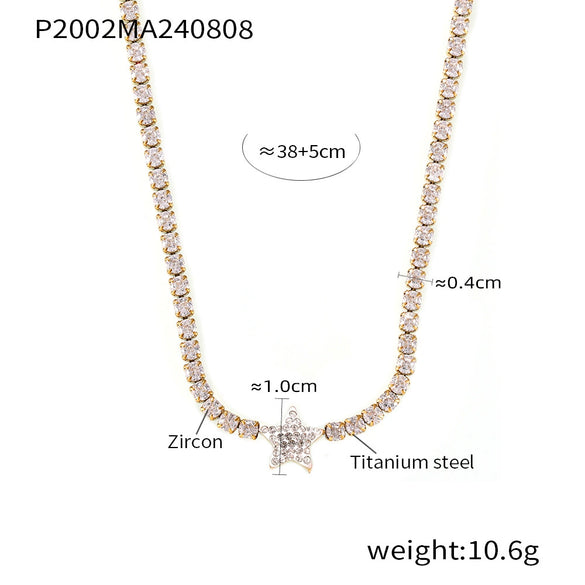 Retro Geometric Star Pendant Necklace For Women Titanium Steel With Zircon Inlay 18K Gold Plated