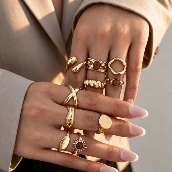 Retro Geometric Sunburst Alloy Ring Set With Open Adjustable Stackable Design Polished Electroplated Fashion Jewelry For Women