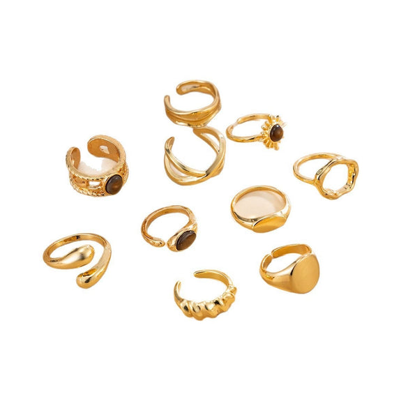 Retro Geometric Sunburst Alloy Ring Set With Open Adjustable Stackable Design Polished Electroplated Fashion Jewelry For Women