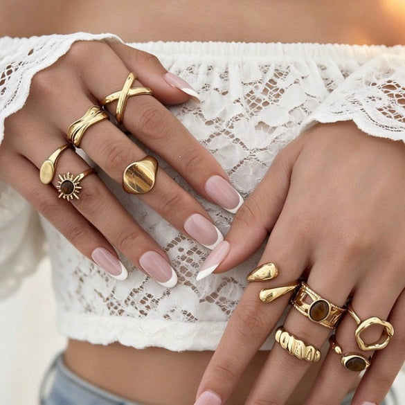Retro Geometric Sunburst Alloy Ring Set With Open Adjustable Stackable Design Polished Electroplated Fashion Jewelry For Women