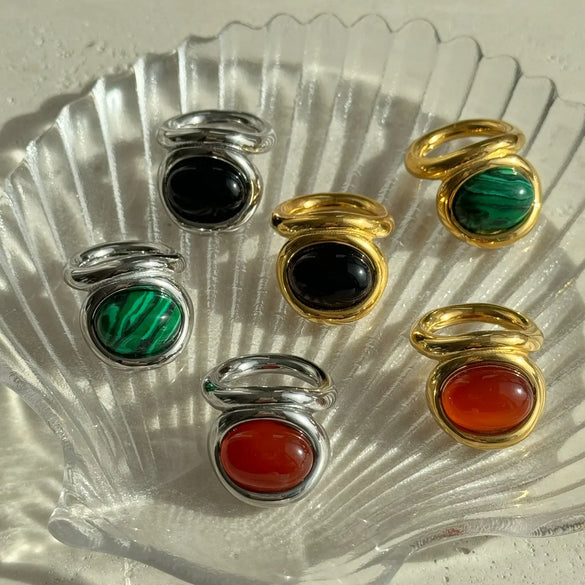 Retro Geometric Titanium Steel Inlay Natural Stone Rings