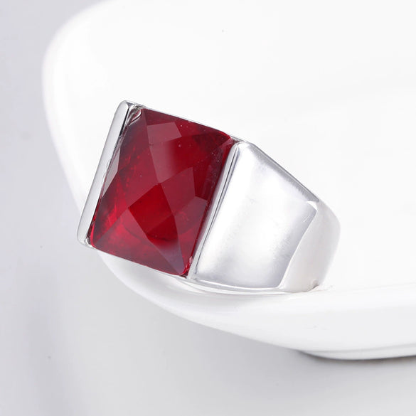 Retro Geometric Stainless Steel Ring With Pomegranate Red Accent Electroplated Unisex Statement Jewelry