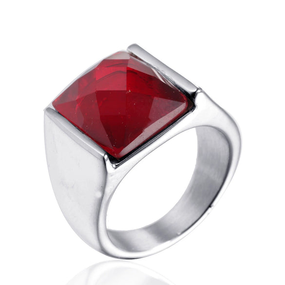 Retro Geometric Stainless Steel Ring With Pomegranate Red Accent Electroplated Unisex Statement Jewelry