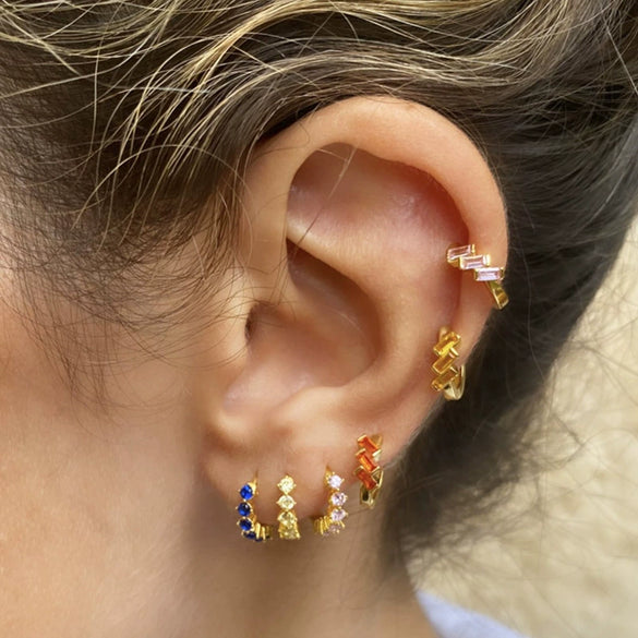 Retro Geometric U Shaped Rectangular Zircon Earrings For Women Silver Needle And Copper Electroplated Multicolor Ear Buckle Earrings