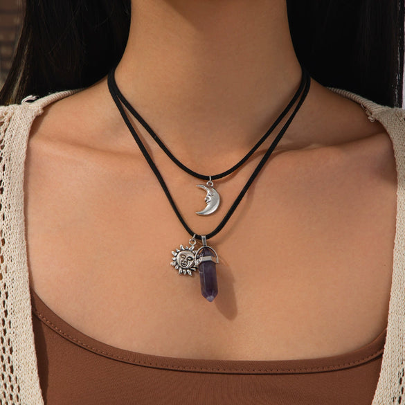 Retro Geometric Women's Ring Ping An Buckle Crystal Pendant Necklace With Leather Wax Thread Iron Chain Alloy Electroplating