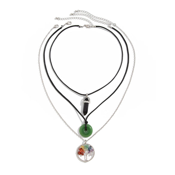 Retro Geometric Women's Ring Ping An Buckle Crystal Pendant Necklace With Leather Wax Thread Iron Chain Alloy Electroplating