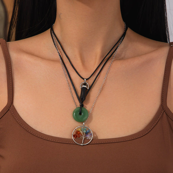 Retro Geometric Women's Ring Ping An Buckle Crystal Pendant Necklace With Leather Wax Thread Iron Chain Alloy Electroplating