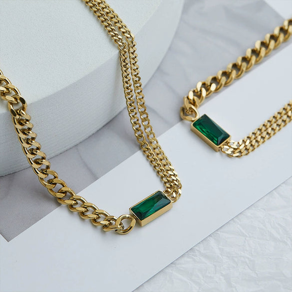 Retro Geometric Zircon Necklace With Asymmetric Pendant And Textured Titanium Steel Chain Electroplated Fashion Jewelry