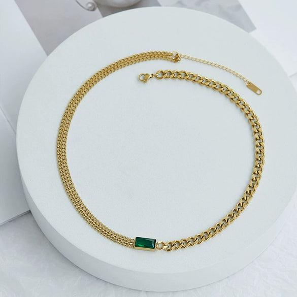 Retro Geometric Zircon Necklace With Asymmetric Pendant And Textured Titanium Steel Chain Electroplated Fashion Jewelry
