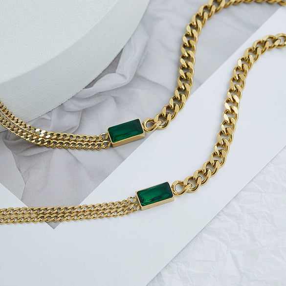 Retro Geometric Zircon Necklace With Asymmetric Pendant And Textured Titanium Steel Chain Electroplated Fashion Jewelry