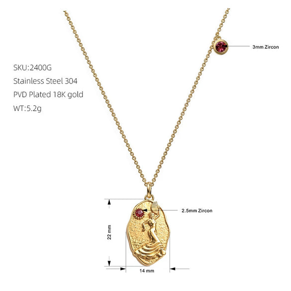 Retro Goddess Relief Stainless Steel Jewelry Set With Red Zircon Necklace Earrings Bracelet And Ring