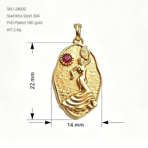 Retro Goddess Relief Stainless Steel Jewelry Set With Red Zircon Necklace Earrings Bracelet And Ring